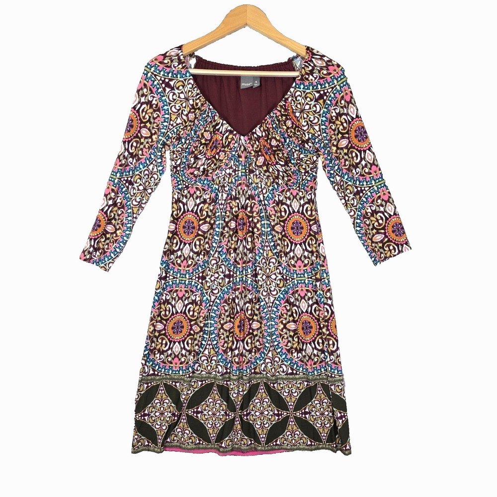 Muse Medallion Geometric Print Empire Waist Dress Jewel Tone Boho Size 6